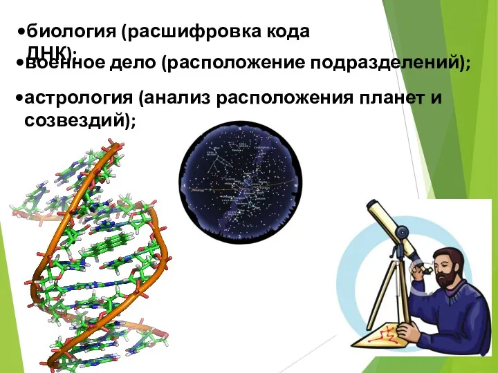 астрология (анализ расположения планет и созвездий); биология (расшифровка кода ДНК); военное дело (расположение подразделений);