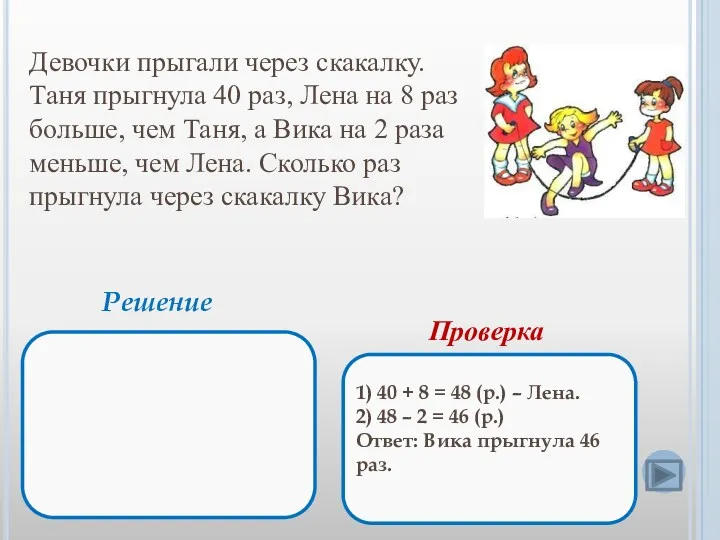 Девочки прыгали через скакалку. Таня прыгнула 40 раз, Лена на