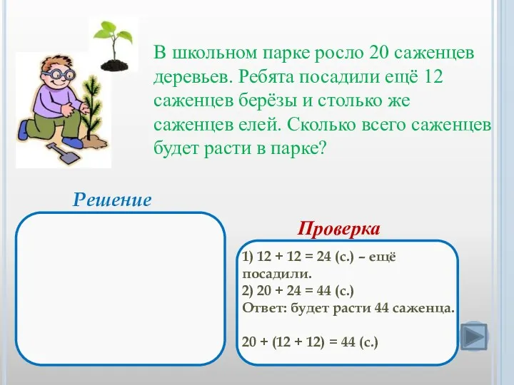 Решение Проверка В школьном парке росло 20 саженцев деревьев. Ребята