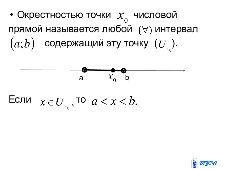 Окрестностью точки числовой прямой называется любой интервал содержащий эту точку ( ). Если то a b