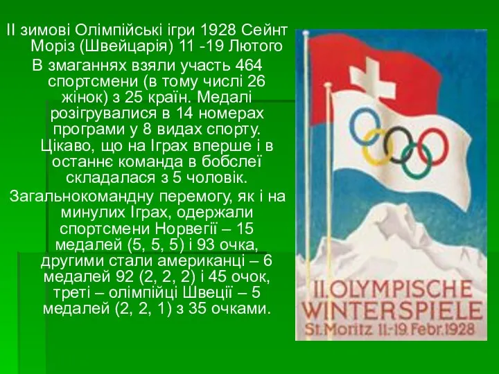 II зимові Олімпійські ігри 1928 Сейнт Моріз (Швейцарія) 11 -19 Лютого В змаганнях
