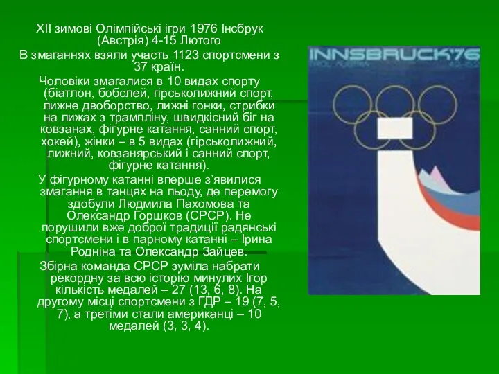 XII зимові Олімпійські ігри 1976 Інсбрук (Австрія) 4-15 Лютого В змаганнях взяли участь