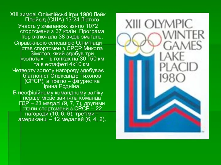 XIII зимові Олімпійські ігри 1980 Лейк Плейсід (США) 13-24 Лютого Участь у змаганнях