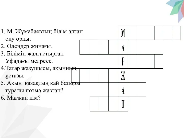 М. Жұмабаевтың білім алған оқу орны. Өлеңдер жинағы. Білімін жалғастырған