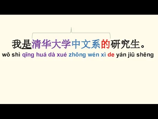 我是清华大学中文系的研究生。 wǒ shì qīng huá dà xué zhōng wén xì de yán jiū shēng
