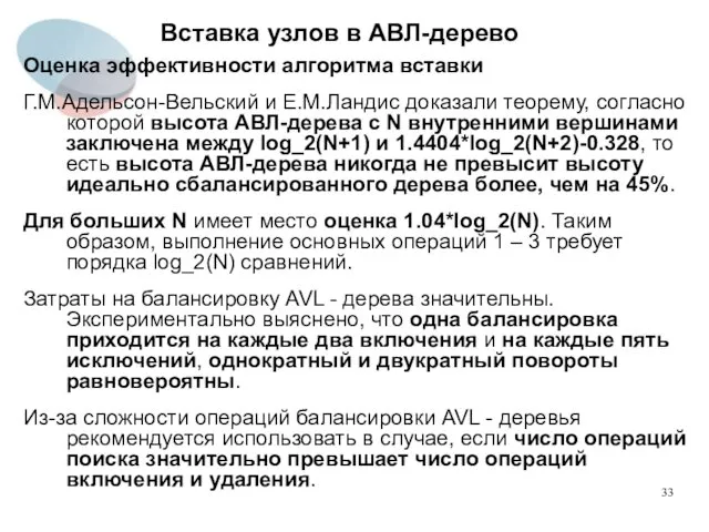 Вставка узлов в АВЛ-дерево Оценка эффективности алгоритма вставки Г.М.Адельсон-Вельский и