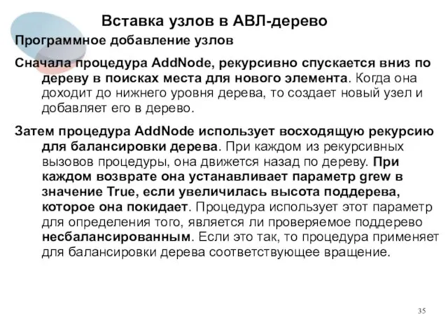 Вставка узлов в АВЛ-дерево Программное добавление узлов Сначала процедура AddNode,