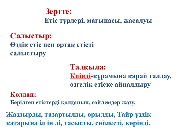 Зертте: Етіс түрлері, мағынасы, жасалуы Салыстыр: Өздік етіс пен ортақ