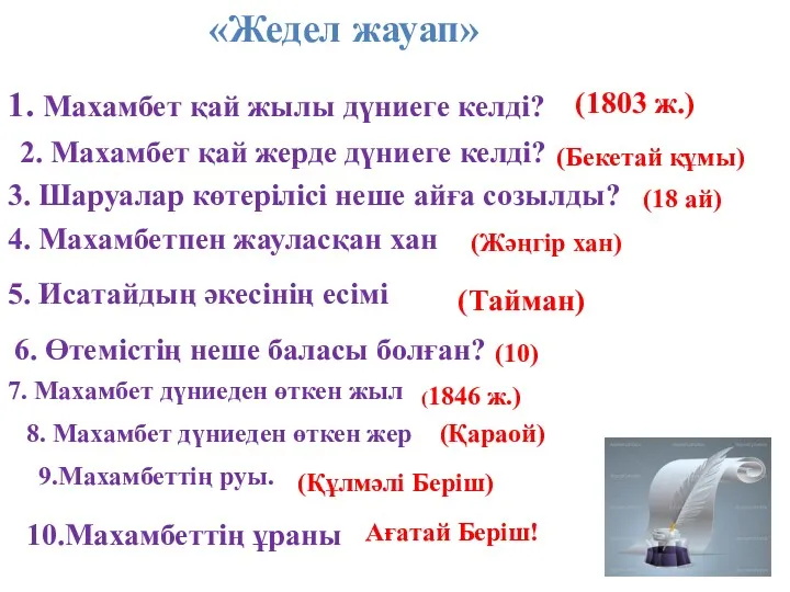 1. Махамбет қай жылы дүниеге келді? «Жедел жауап» (1803 ж.)