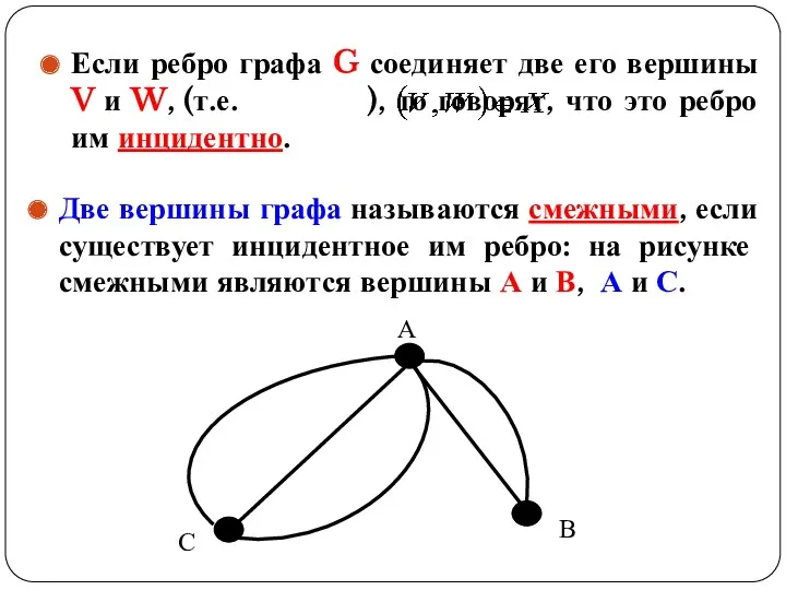 Две вершины графа называются смежными, если существует инцидентное им ребро: на рисунке смежными