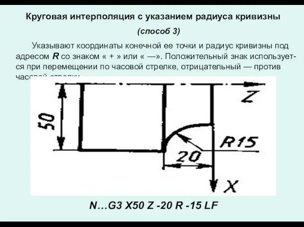 (способ 3) Указывают координаты конечной ее точки и радиус кривизны