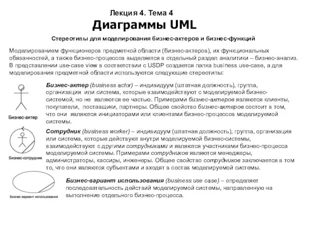 Лекция 4. Тема 4 Диаграммы UML Стереотипы для моделирования бизнес-актеров и бизнес-функций Моделированием