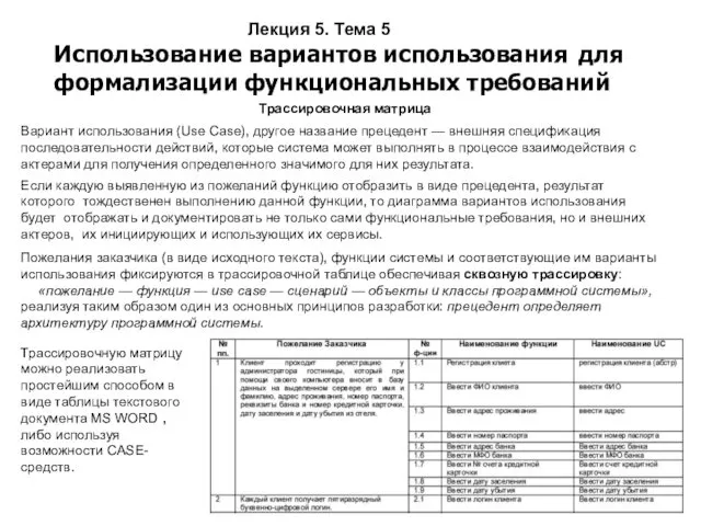 Лекция 5. Тема 5 Использование вариантов использования для формализации функциональных