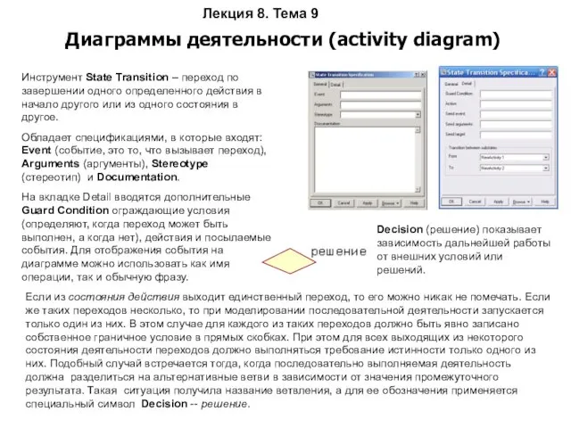 Лекция 8. Тема 9 Диаграммы деятельности (activity diagram) Инструмент State Transition – переход