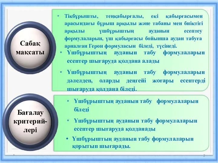 * Сабақ мақсаты Тікбұрышты, теңқабырғалы, екі қабырғасымен арасындағы бұрыш арқылы және табаны мен