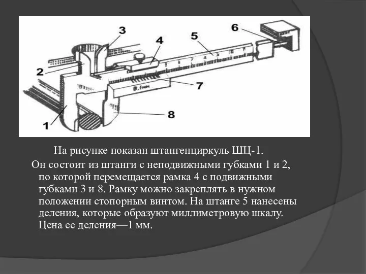 На рисунке показан штангенциркуль ШЦ-1. Он состоит из штанги с