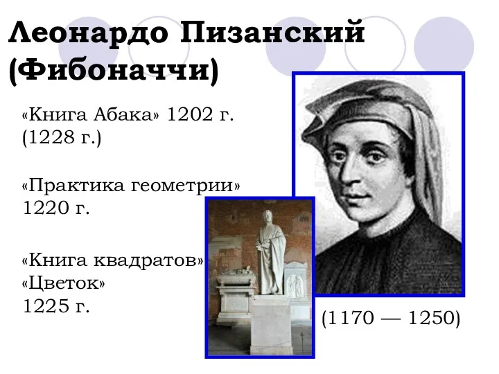 Леонардо Пизанский (Фибоначчи) (1170 — 1250) «Книга Абака» 1202 г.