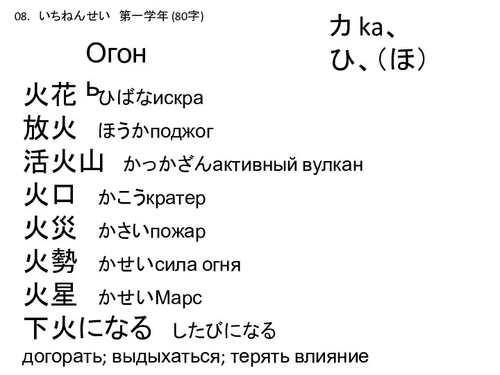 08. いちねんせい 第一学年 (80字) カ ka、 ひ、（ほ） Огонь 火花 ひばなискра