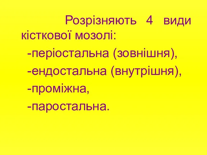 Розрізняють 4 види кісткової мозолі: -періостальна (зовнішня), -ендостальна (внутрішня), -проміжна, -паростальна.