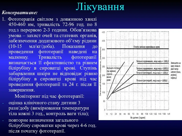 Лікування Консервативне: 1. Фототерапія світлом з довжиною хвилі 450-460 нм,