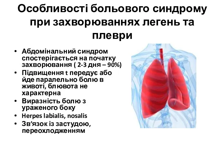 Особливості больового синдрому при захворюваннях легень та плеври Абдомінальний синдром