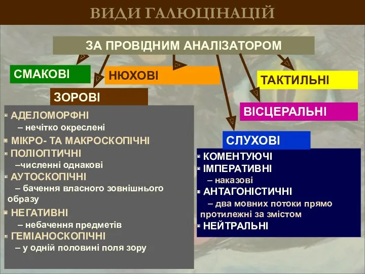 ВИДИ ГАЛЮЦІНАЦІЙ ЗОРОВІ АДЕЛОМОРФНІ – нечітко окреслені МІКРО- ТА МАКРОСКОПІЧНІ