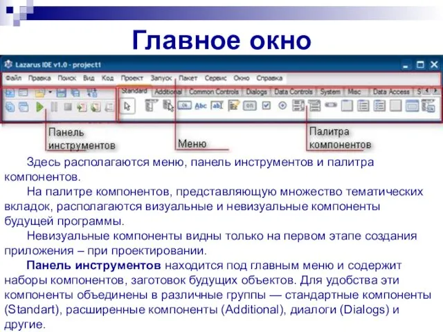 Главное окно Здесь располагаются меню, панель инструментов и палитра компонентов.