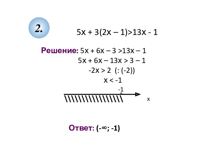 5х + 3(2х – 1)>13х - 1 Решение: 5х +