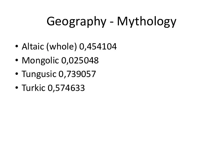 Geography - Mythology Altaic (whole) 0,454104 Mongolic 0,025048 Tungusic 0,739057 Turkic 0,574633