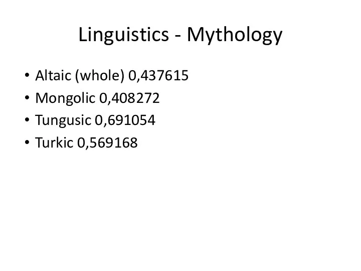 Linguistics - Mythology Altaic (whole) 0,437615 Mongolic 0,408272 Tungusic 0,691054 Turkic 0,569168