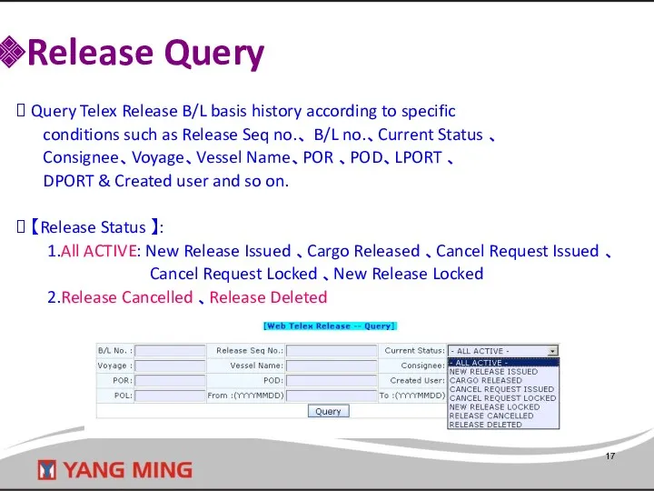 Release Query Query Telex Release B/L basis history according to