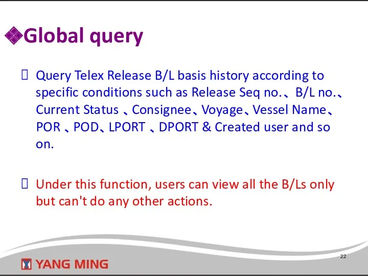 Query Telex Release B/L basis history according to specific conditions