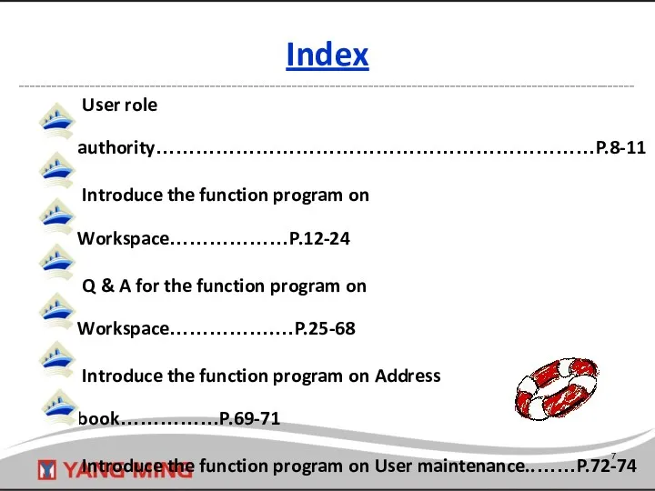 User role authority…………………………………………………………P.8-11 Introduce the function program on Workspace………………P.12-24 Q