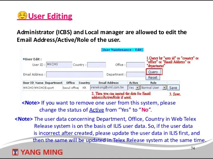 ☺User Editing Administrator (ICBS) and Local manager are allowed to