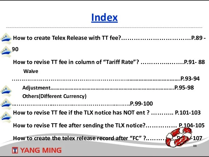 How to create Telex Release with TT fee?……………………………P.89 - 90