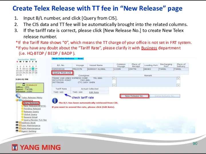 Create Telex Release with TT fee in “New Release” page