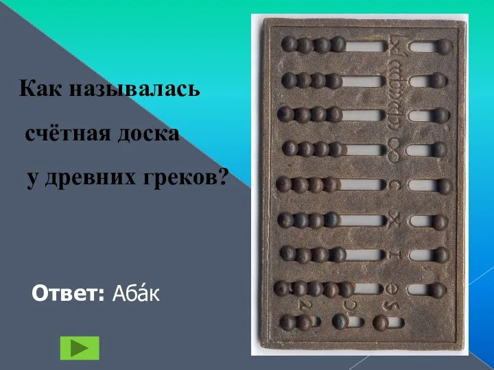 Как называлась счётная доска у древних греков? Ответ: Аба́к