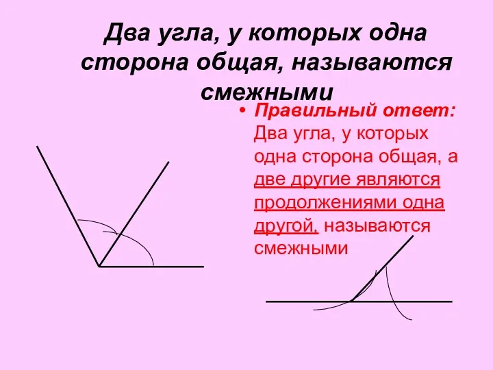 Два угла, у которых одна сторона общая, называются смежными Правильный