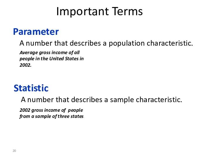 Important Terms Parameter A number that describes a population characteristic.