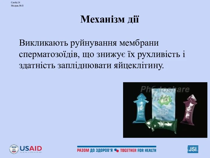 Слайд 24 Модуль №11 Механізм дії Викликають руйнування мембрани сперматозоїдів,