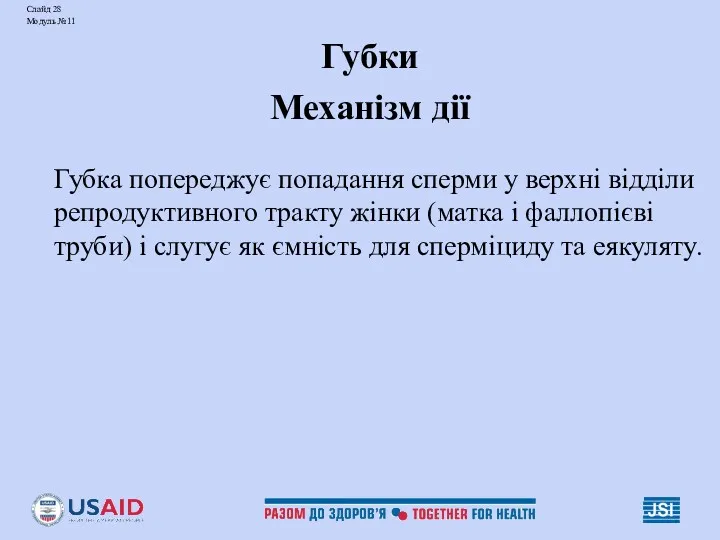 Слайд 28 Модуль №11 Губки Механізм дії Губка попереджує попадання