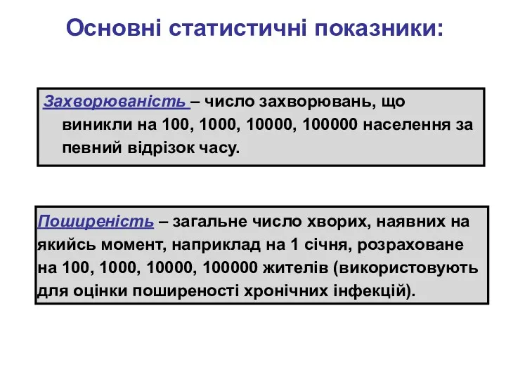 Основні статистичні показники: Захворюваність – число захворювань, що виникли на