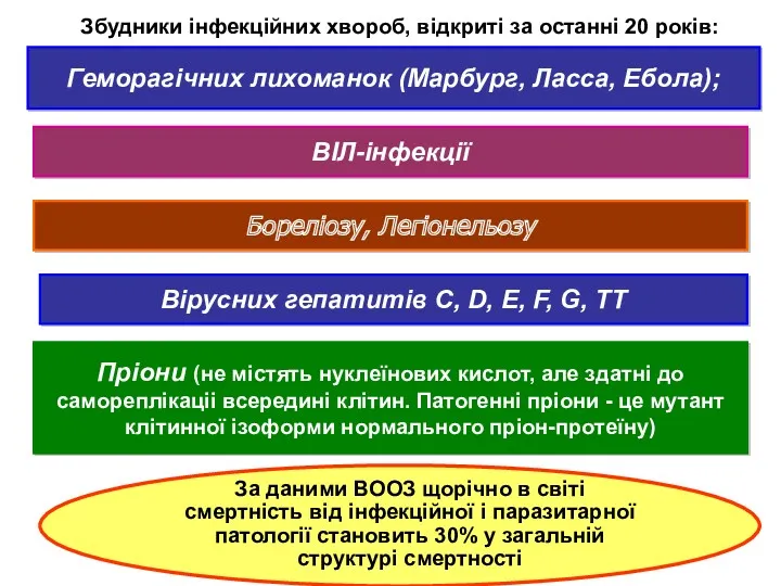 Геморагічних лихоманок (Марбург, Ласса, Ебола); Бореліозу, Легіонельозу ВІЛ-інфекції Вірусних гепатитів