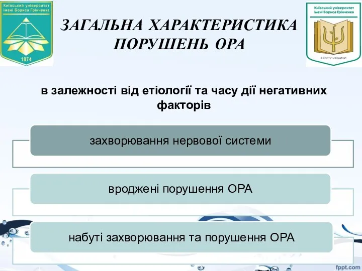 ЗАГАЛЬНА ХАРАКТЕРИСТИКА ПОРУШЕНЬ ОРА в залежності від етіології та часу дії негативних факторів