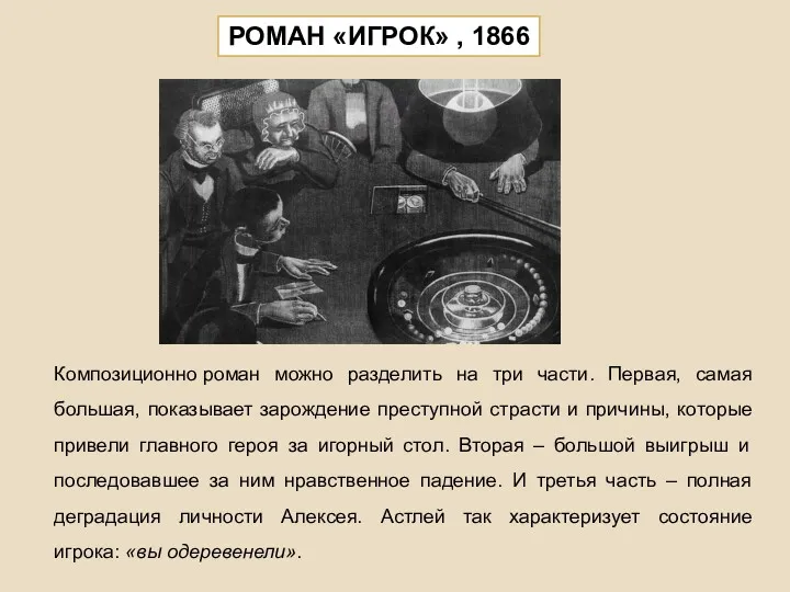 РОМАН «ИГРОК» , 1866 Композиционно роман можно разделить на три