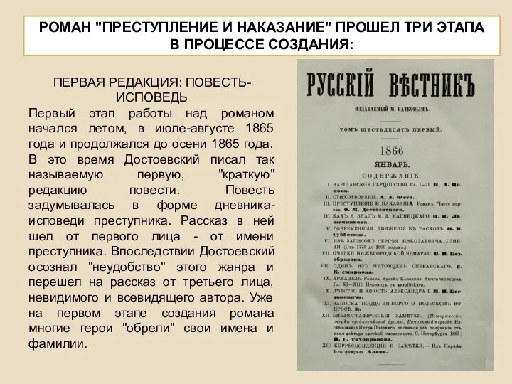 РОМАН "ПРЕСТУПЛЕНИЕ И НАКАЗАНИЕ" ПРОШЕЛ ТРИ ЭТАПА В ПРОЦЕССЕ СОЗДАНИЯ: