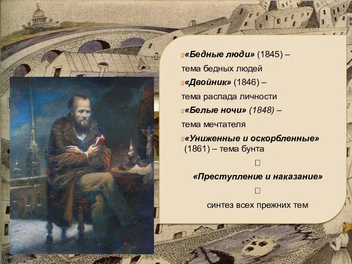 «Бедные люди» (1845) – тема бедных людей «Двойник» (1846) –