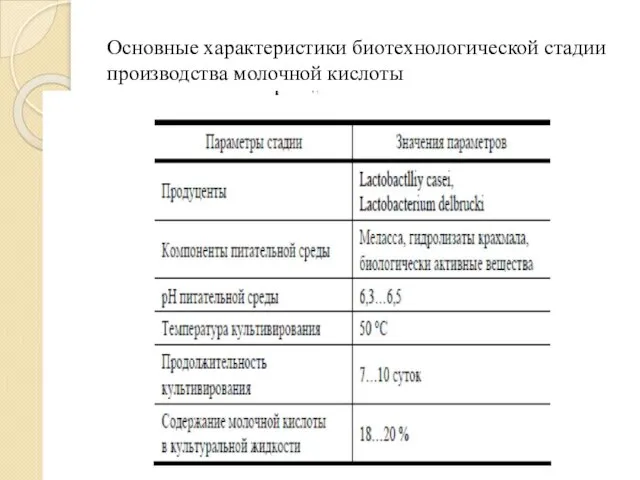 Основные характеристики биотехнологической стадии производства молочной кислоты