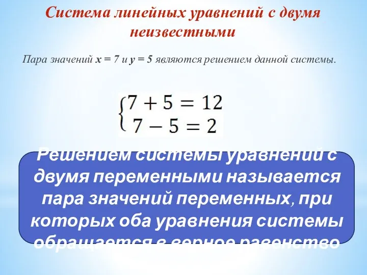 Система линейных уравнений с двумя неизвестными Пара значений x =