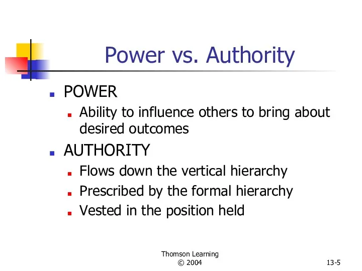 Thomson Learning © 2004 13- Power vs. Authority POWER Ability to influence others